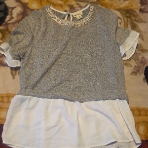 Gray and White Ruffle Blouse